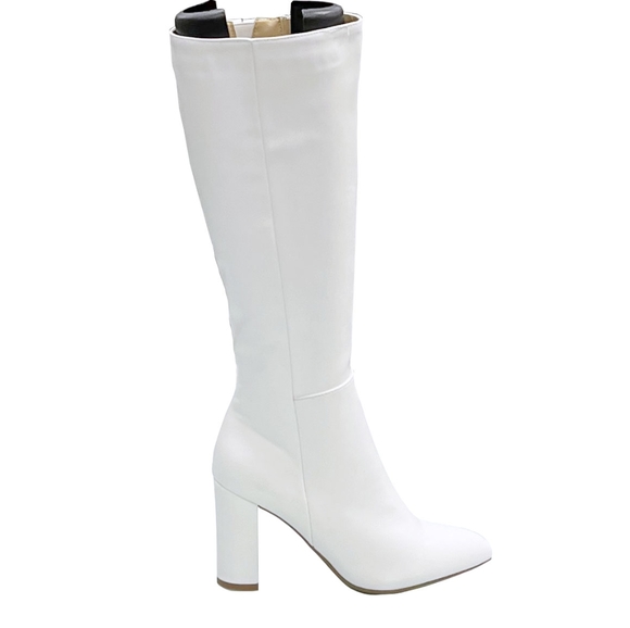 New White Point Toe Knee High Chunky Heel Tall Boots - Picture 2 of 5
